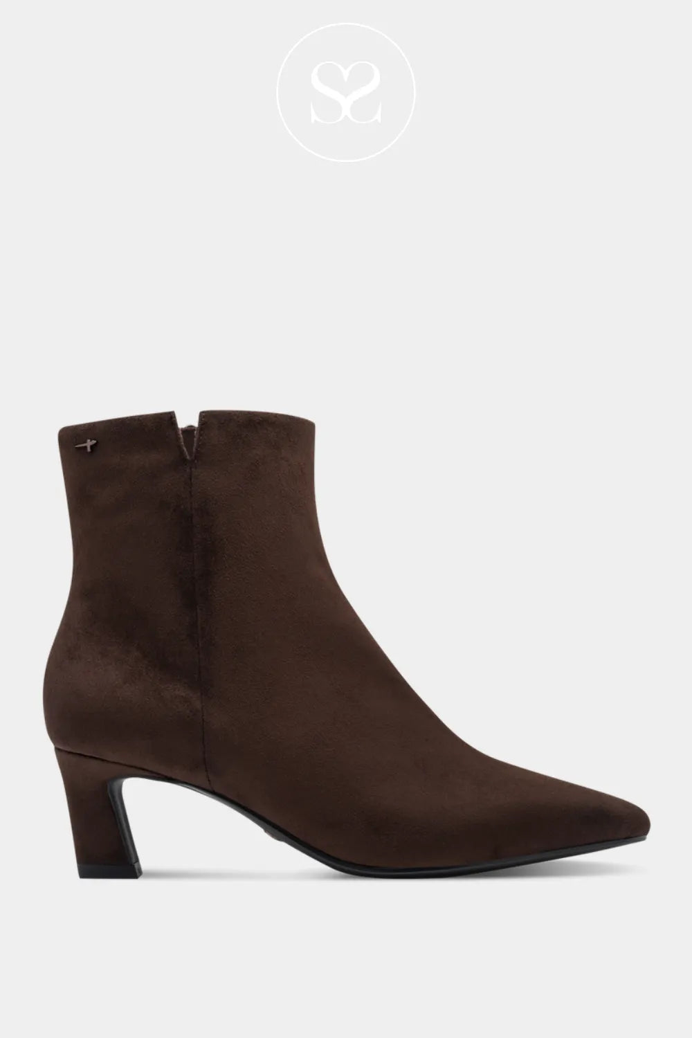 Tamaris chocolate brown suede ankle boots with inside zip, pointed toe and v-cut slit for leg elongation.