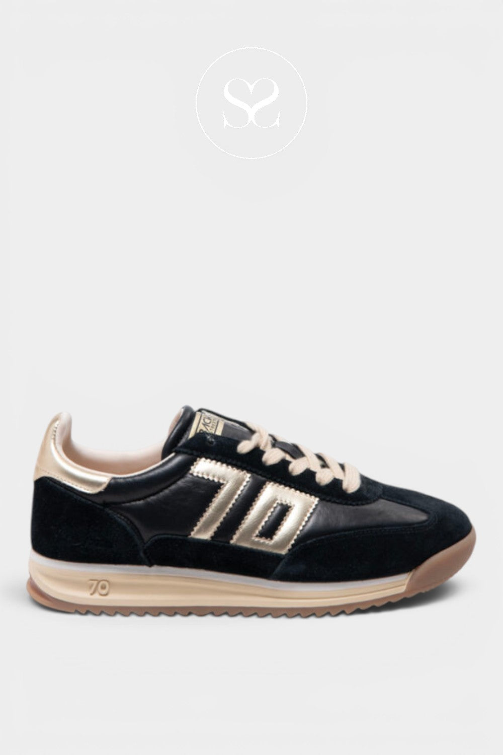 BACK 70 Black and gold chunky trainers with rubber sole and gold '70' logo. Beige laces and round toe.