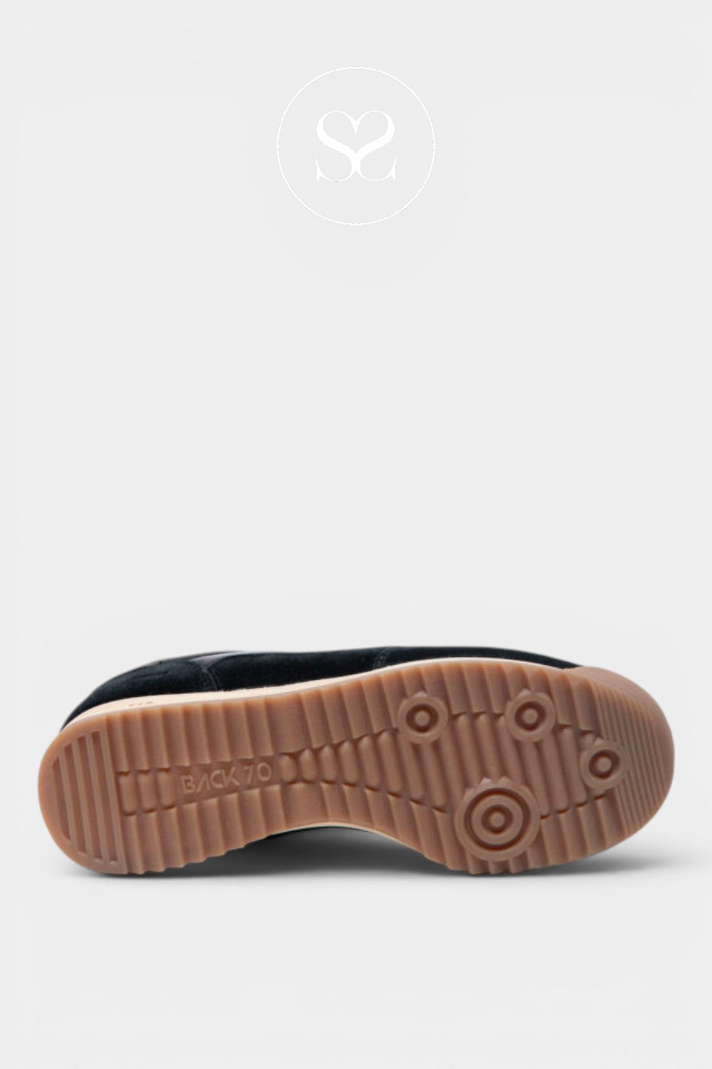 Black trendy trainers with gum sole and beige laces. Gold logo.