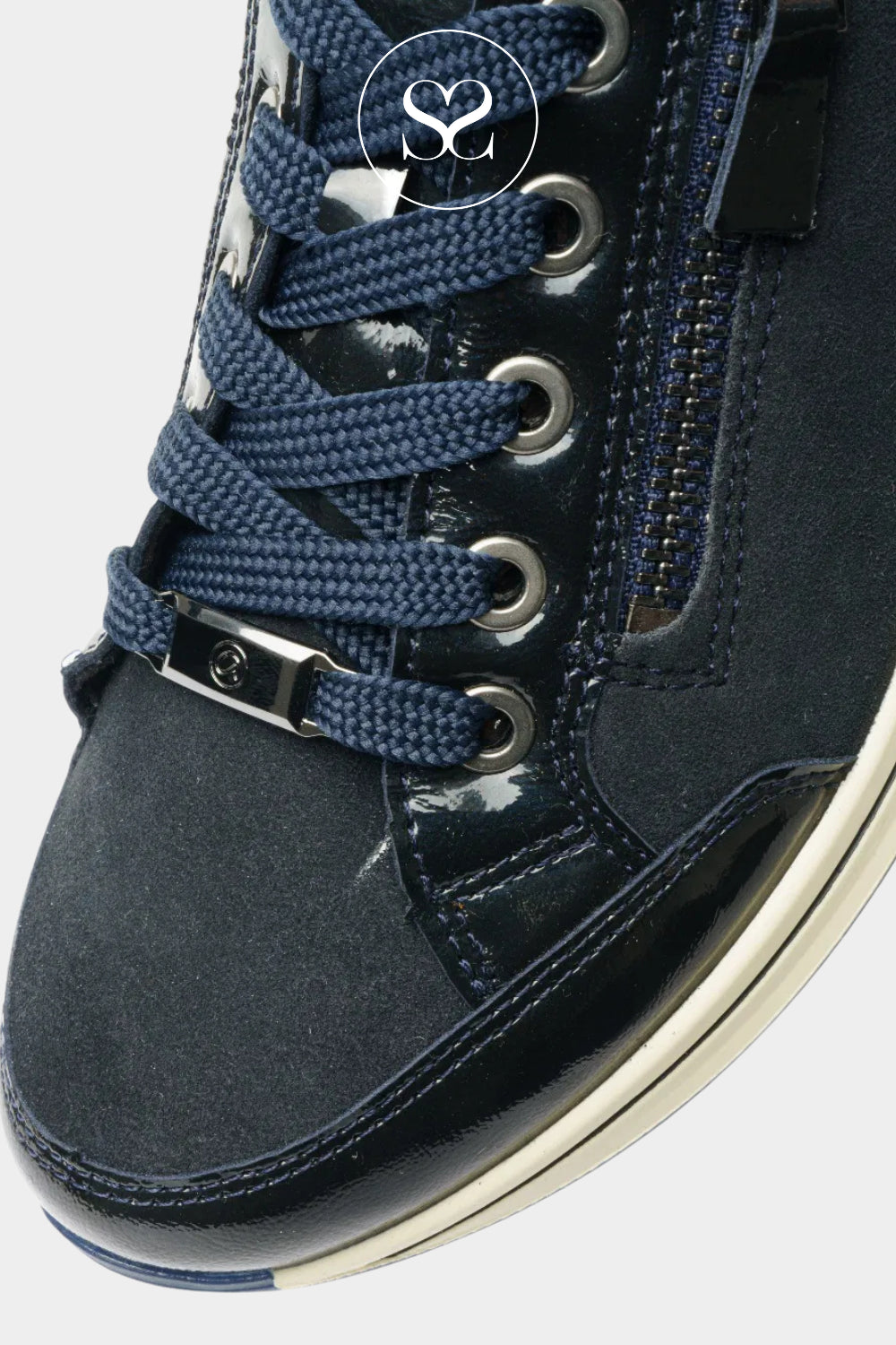 ARA NAVY LEATHER FLATFORM TRAINERS WITH SIDE ZIP AND LACES