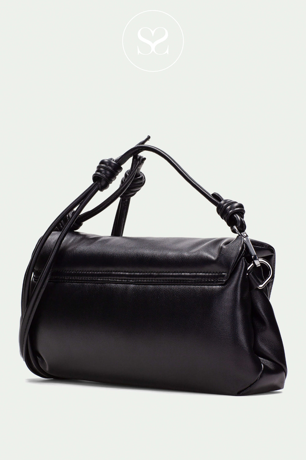 Black handbag with knotted handle on a light grey background