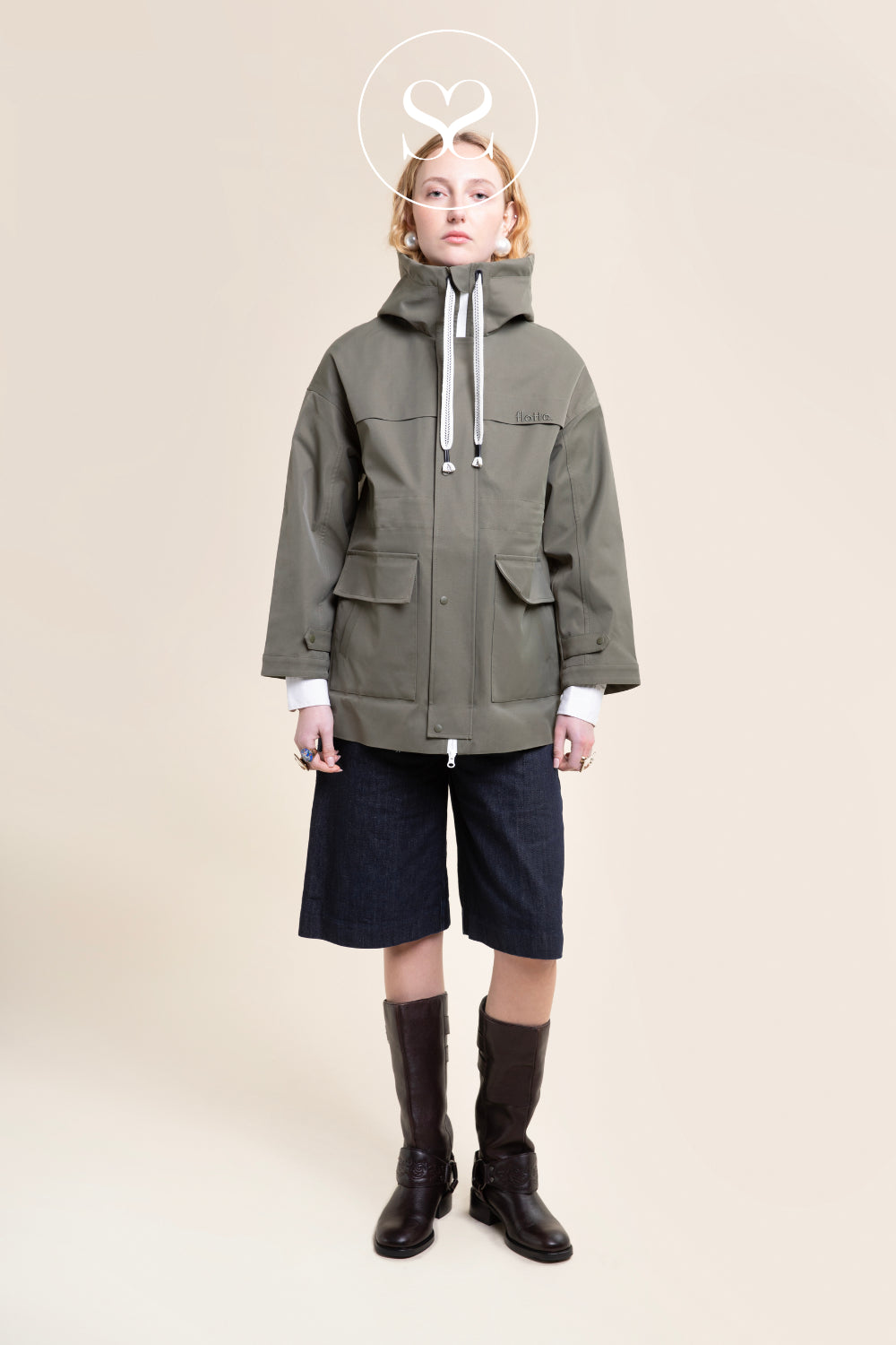 Flotte Khaki Waterproof Hooded Funnel Neck Rain Jacket - Froissart