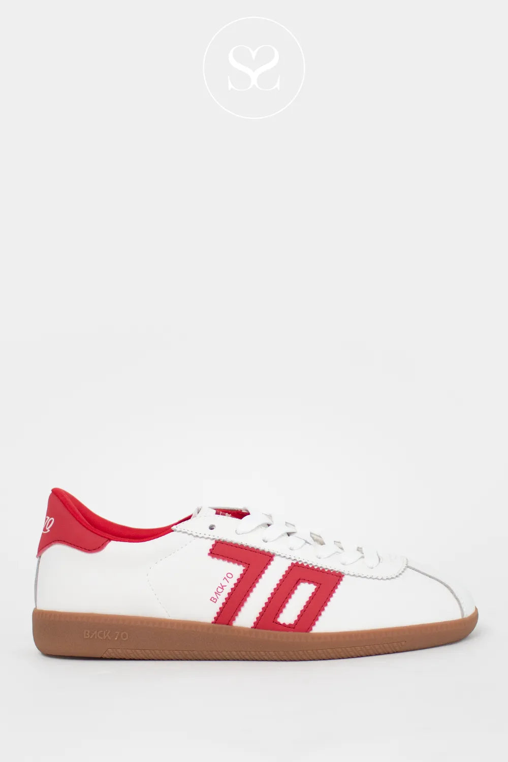 Back70 white leather trainers with red 70 logo and heel cap. Gum sole and laces. Flat slimline retro trainers.