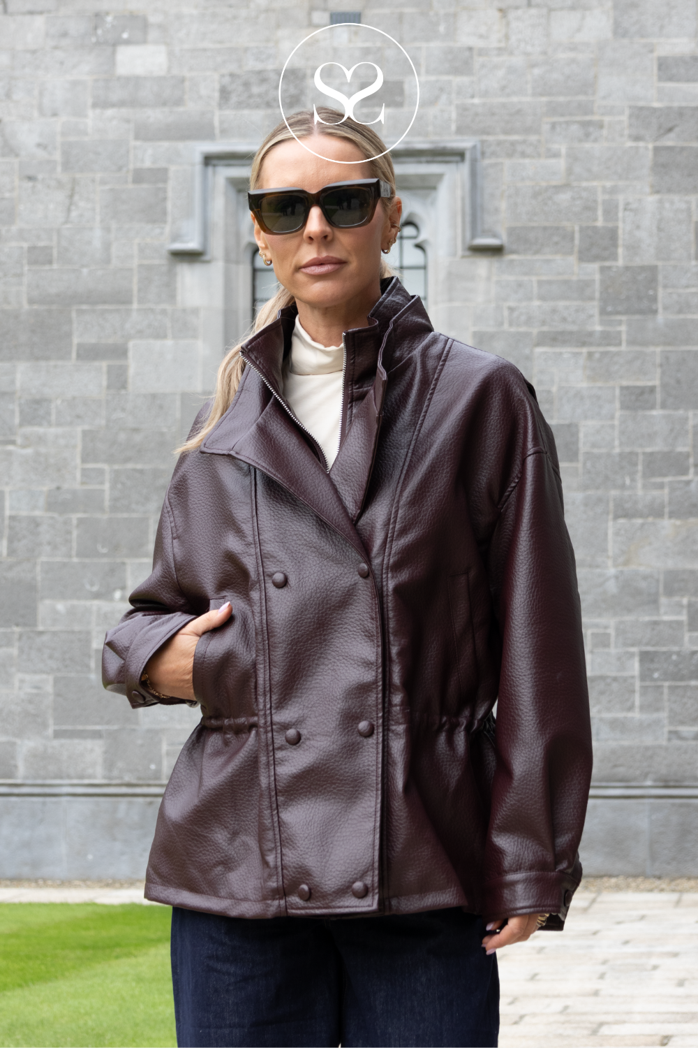 Burgundy Double Breasted Leather Jacket - CV2213