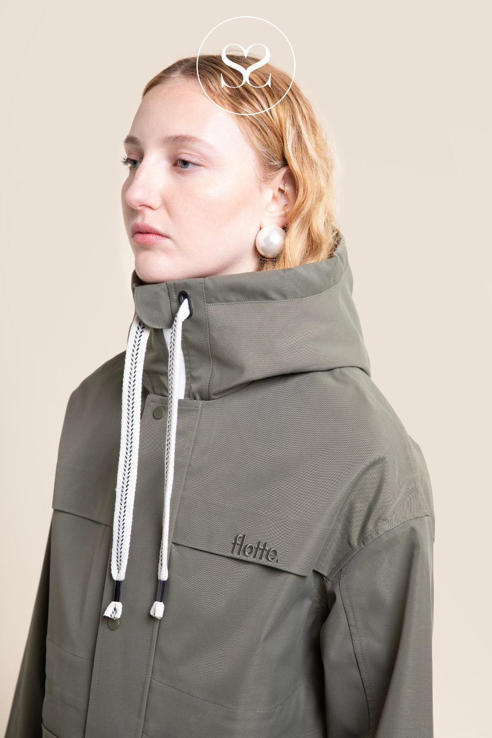 Flotte Khaki Waterproof Hooded Funnel Neck Rain Jacket - Froissart