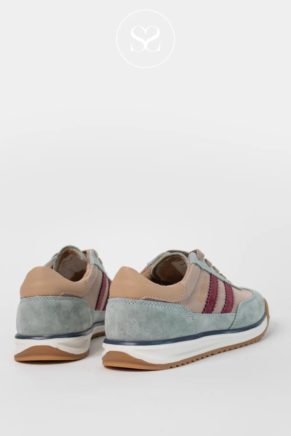 Drilleys mint green suede retro style trainers with beige laces, round toe and gum sole. Two burgundy lines on the side.