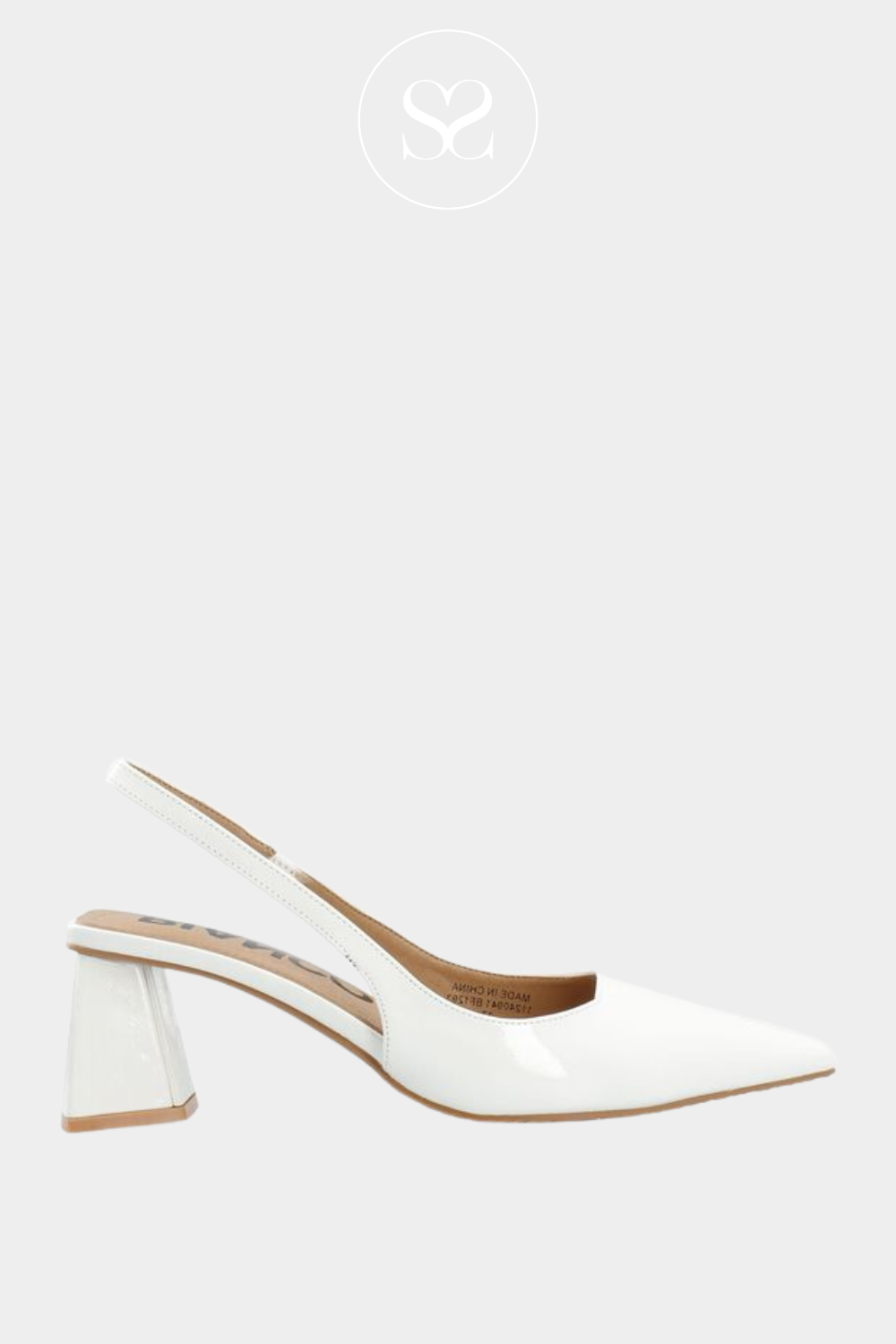 Bianco white pointed toe slingback block heels. Occasion shoe. Triangular block heel with elasticated slingback and cushioned insole.