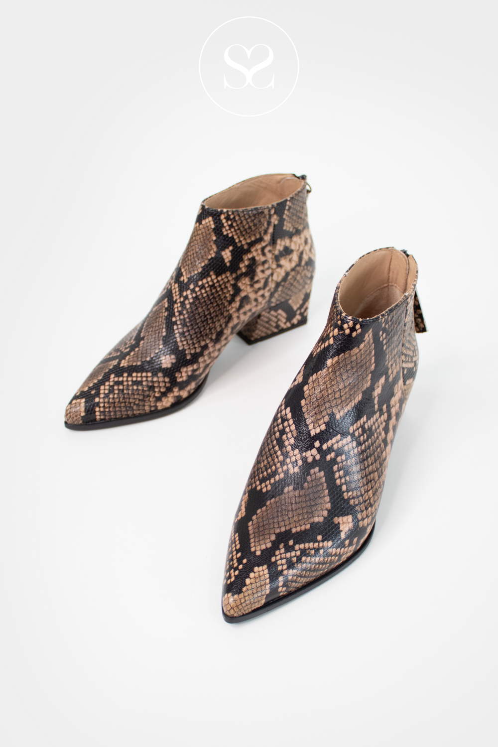 UNISA SNAKE PRINT POINTED TOE BLOCK HEEL ANKLE BOOTS JANSEN