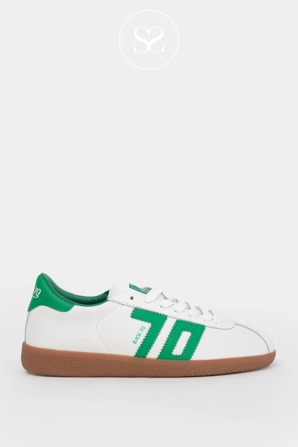 Back 70 white leather flat slimline trainers with green logo and heel cap. Lace up trainers and gum sole. Retro style everyday sneakers.