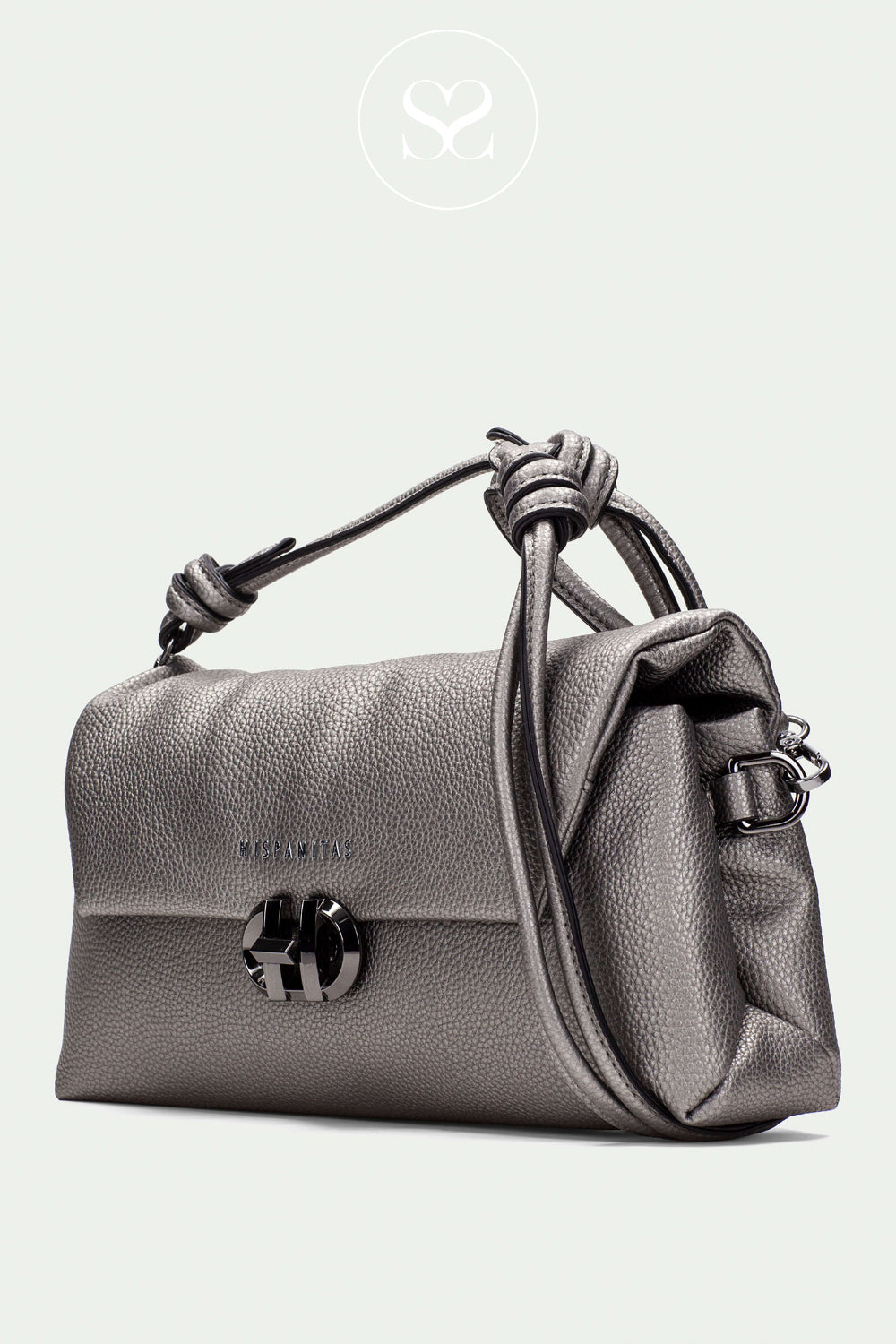 Pewter Silver handbag with a knot detail on a light grey background from Hispanitas