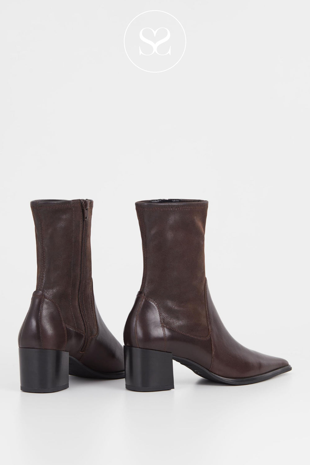 Close-up image of brown Vagabond Giselle sock boots showcasing the leather texture and sleek silhouette.