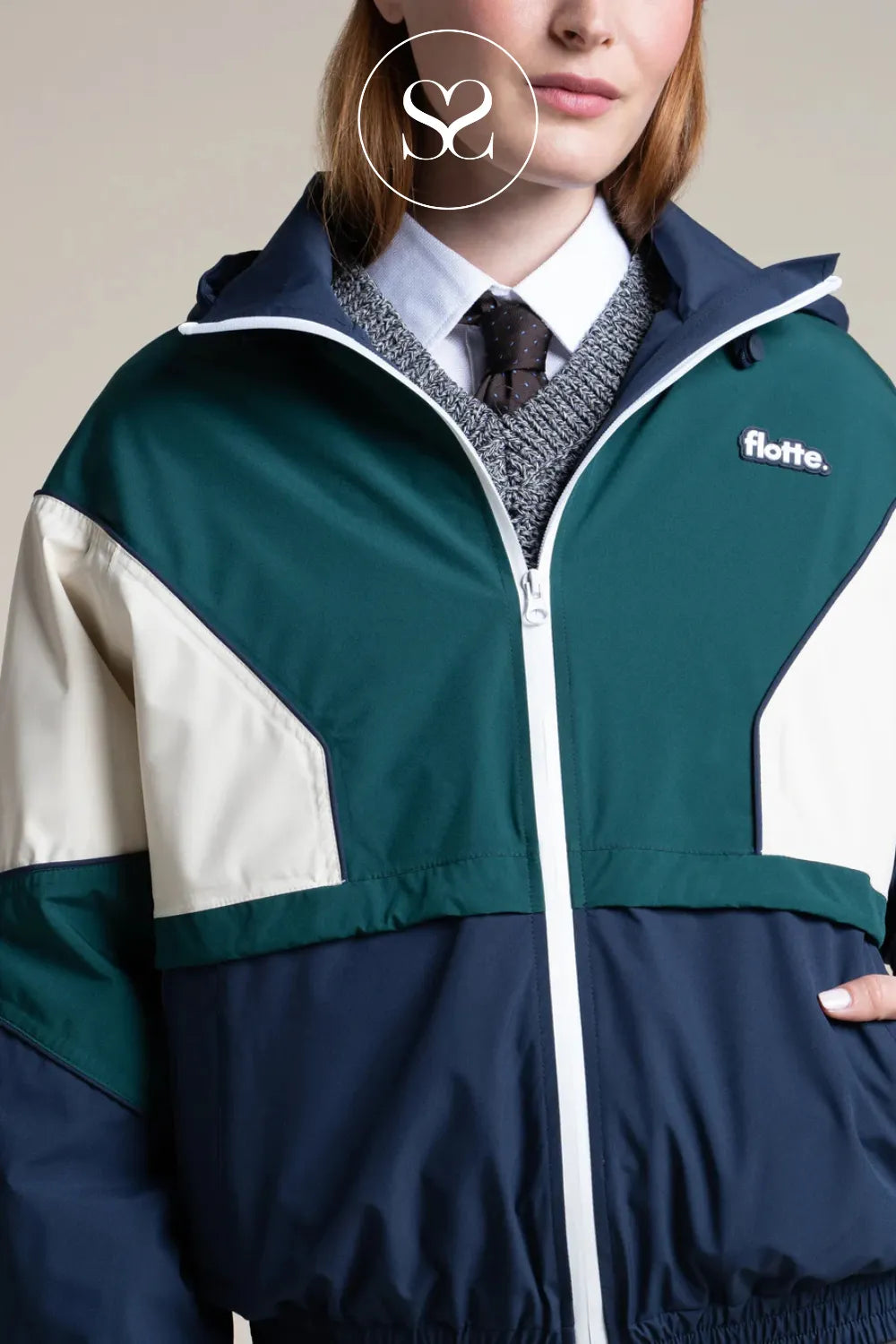 Flotte Navy, Green & Cream Waterproof Jacket for Women - Saint Martin