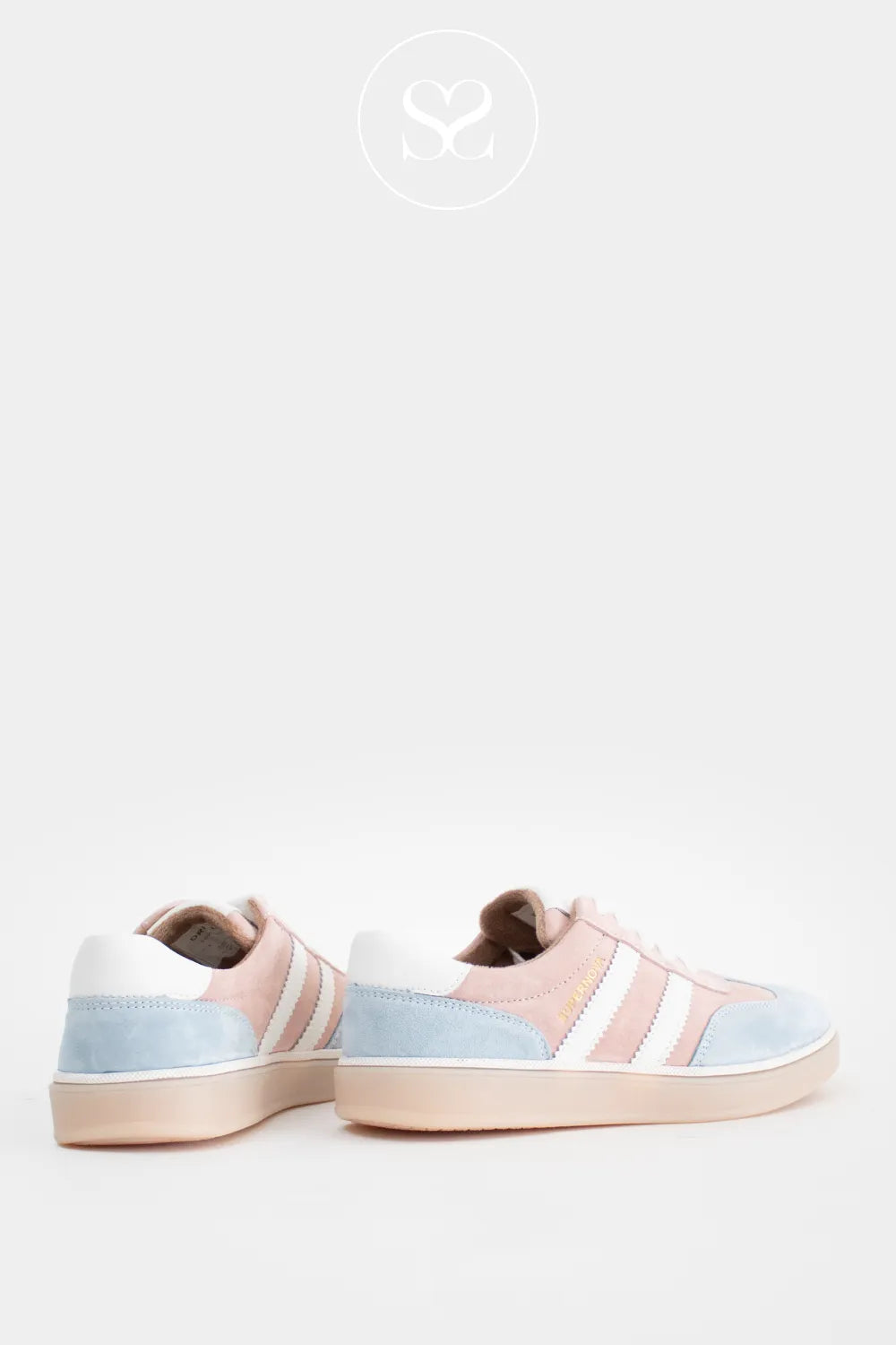 Multi-coloured trainers. Flat trainers with white lines on the side.