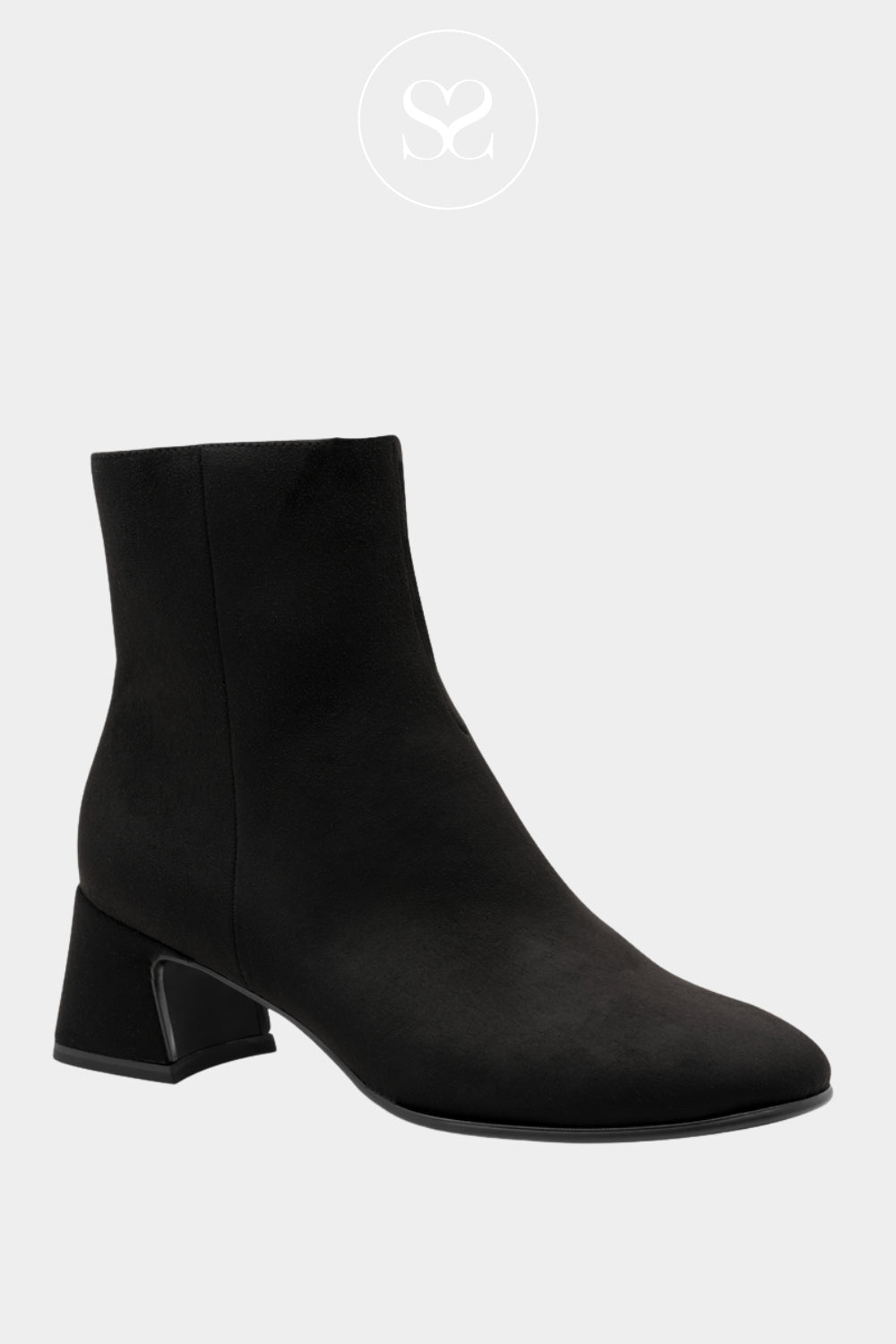 Comfortable black suede ankle boots with low block heel, round toe and inside zip from Tamaris