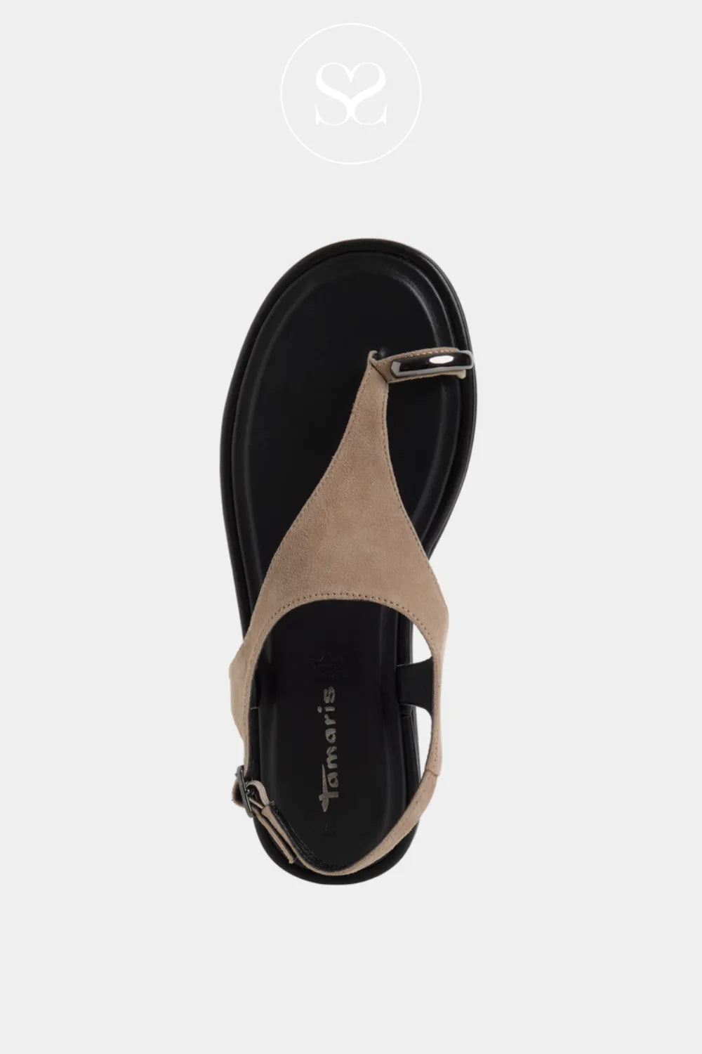 Tamaris Taupe Flat Sandals - 1-28142-46 Adjustable strap with gold buckle for a snug, tailored fit