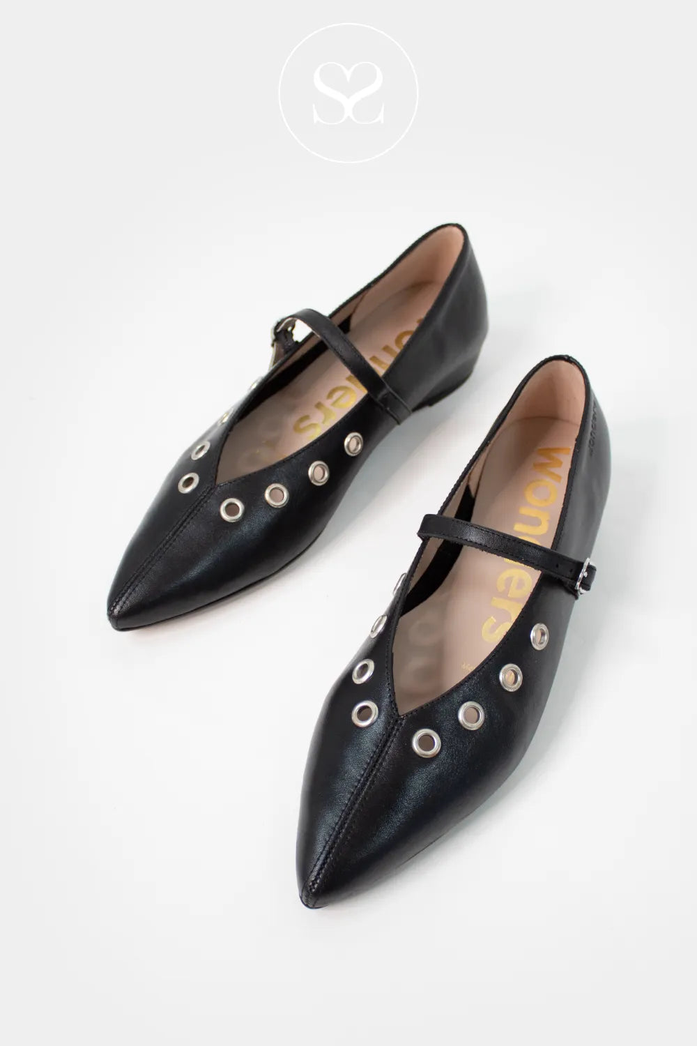 Wonders Black Flat Pointed Toe Pumps A-3841 Adjustable front buckle strap with silver eyelet accents
