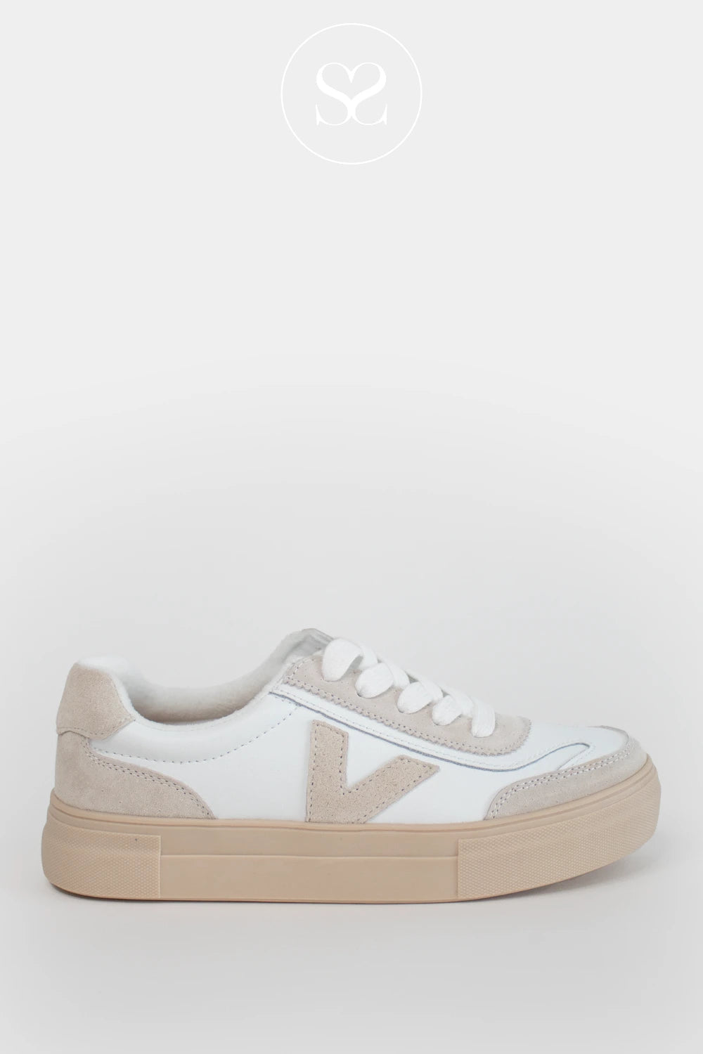 DRILLEYS TAUPE (WHIPPED CRYSTAL) EIGHTY FLATFORM SOLE WHITE LACE UP TRAINERS WITH TAUPE SUEDE DETAILING AND A CUSHIONED INSOLE FOR EXTRA COMFORT