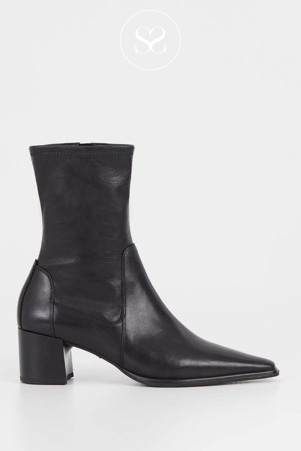 Close-up of black Vagabond Giselle leather sock boots, showcasing their pointed toe and fitted ankle design.