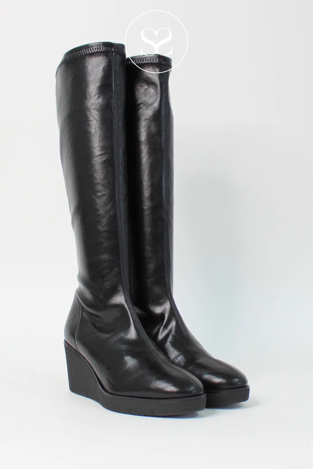 MISS ELASTIC BLACK FAUX LEATHER WEDGE KNEE HIGH BOOTS 76193