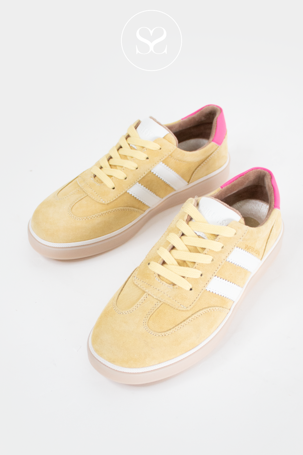 Yellow and white retro trainers. Summer sneakers. Pastel colours.