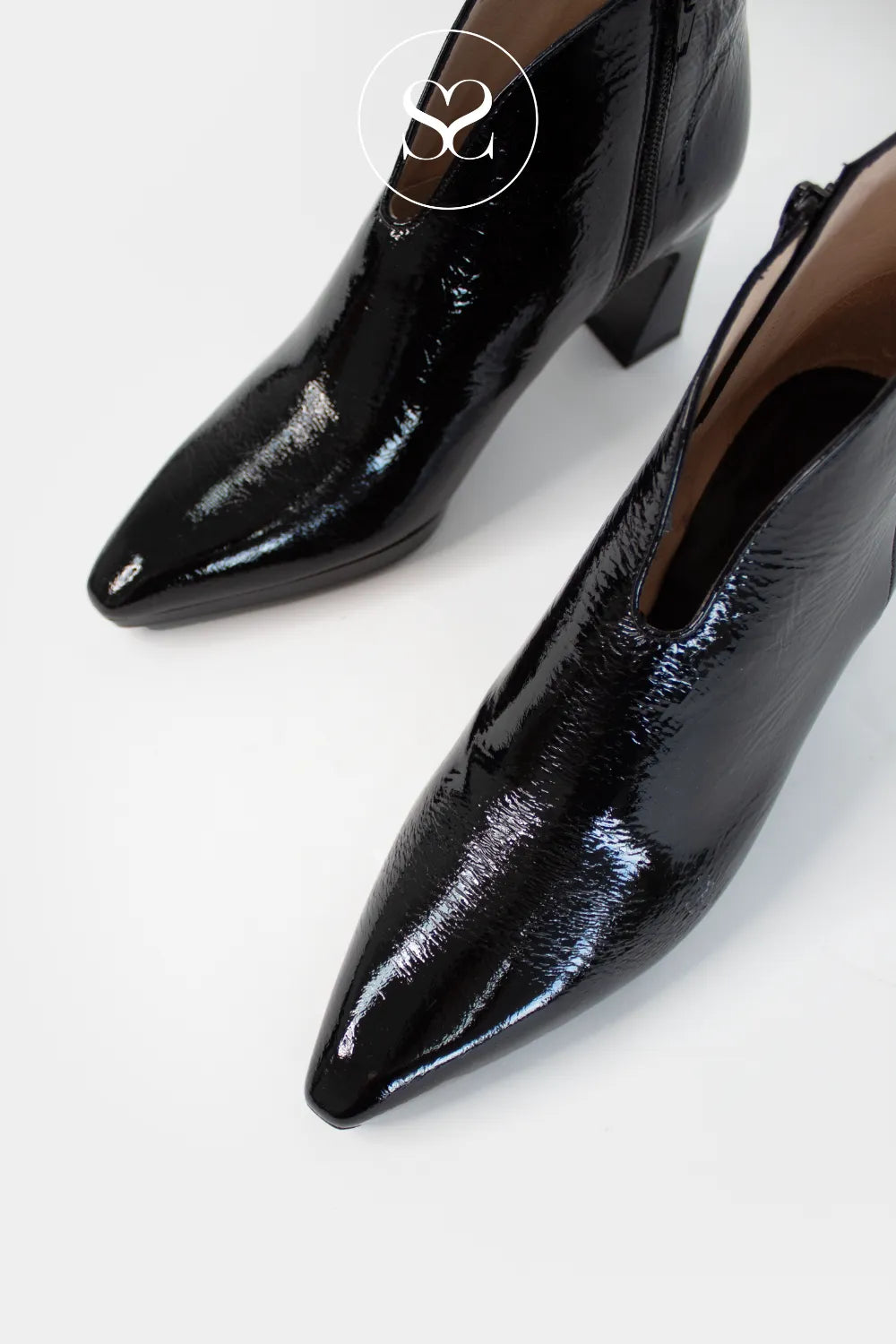 HISPANITAS BLACK PATENT PLATFORM BLOCK HEEL POINTED TOE ANKLE BOOTS HI254270 MADE WITH SOFT SPANISH LETHER FOR ALL DAY COMFORT