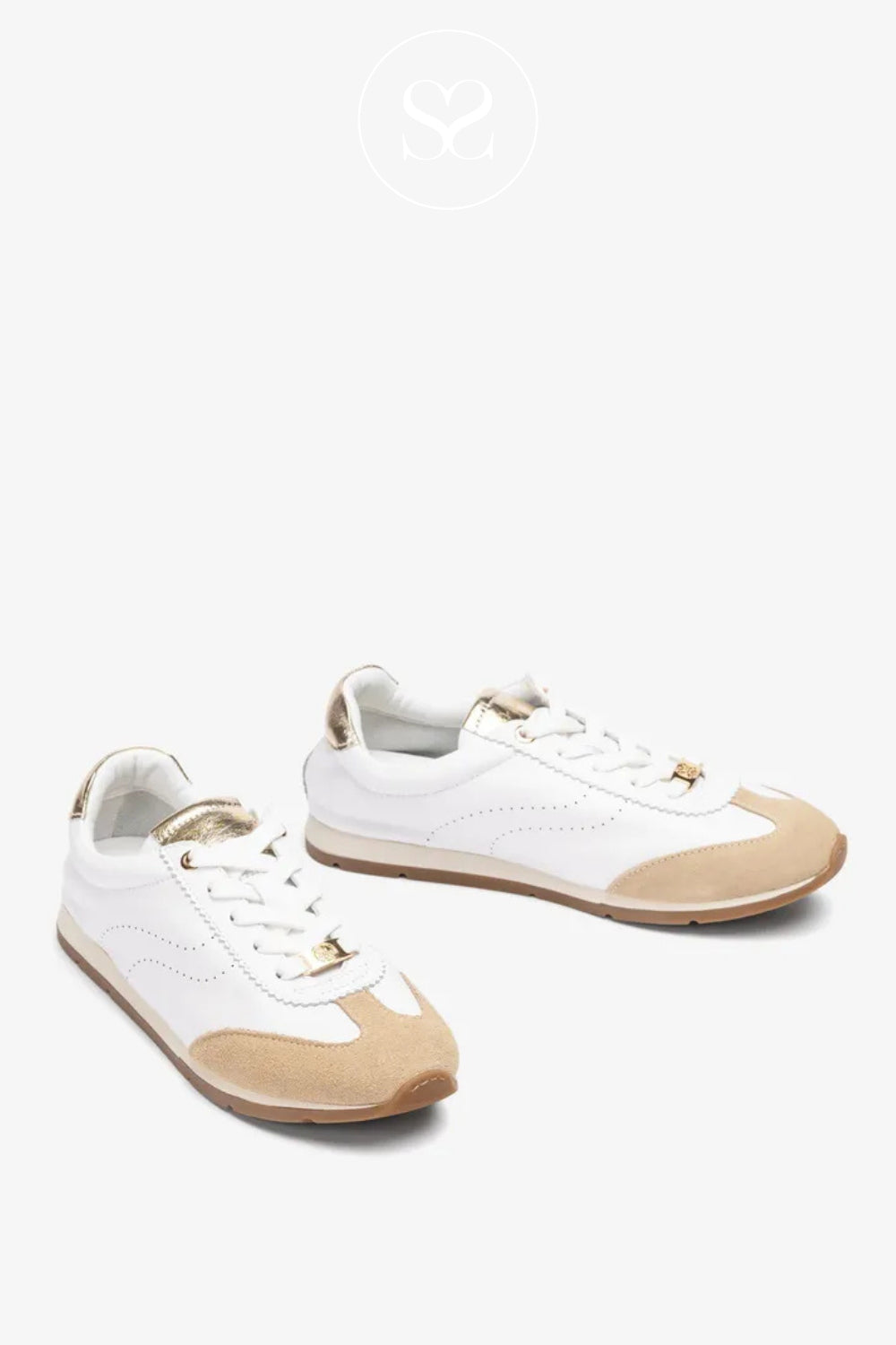 Unisa White Low Profile Trainers With Taupe Suede Toe And Gold Accents