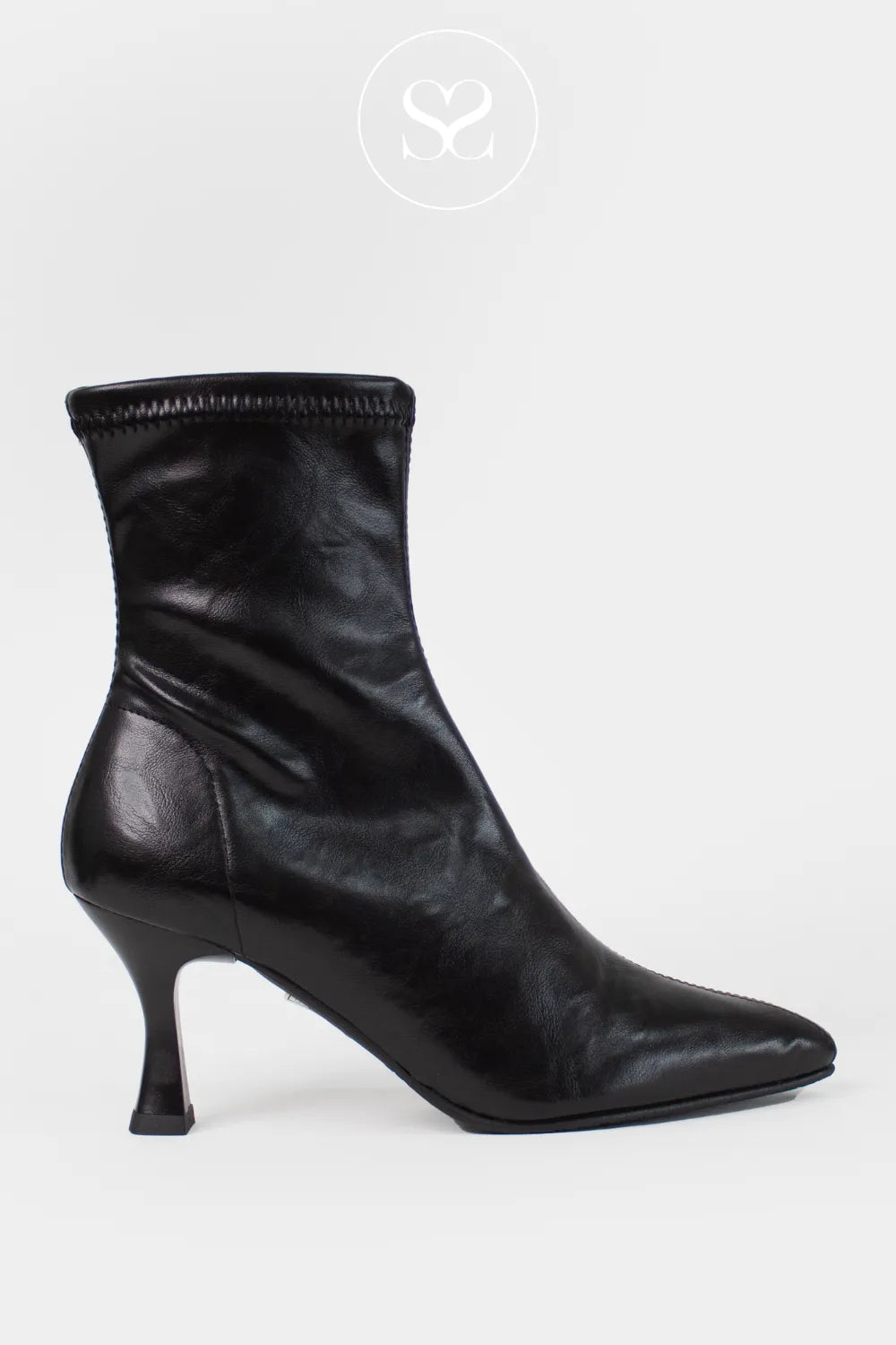 MISS ELASTIC BLACK FAUX LEATHER POINTED TOE PULL ON SOCK BOOTS 78042