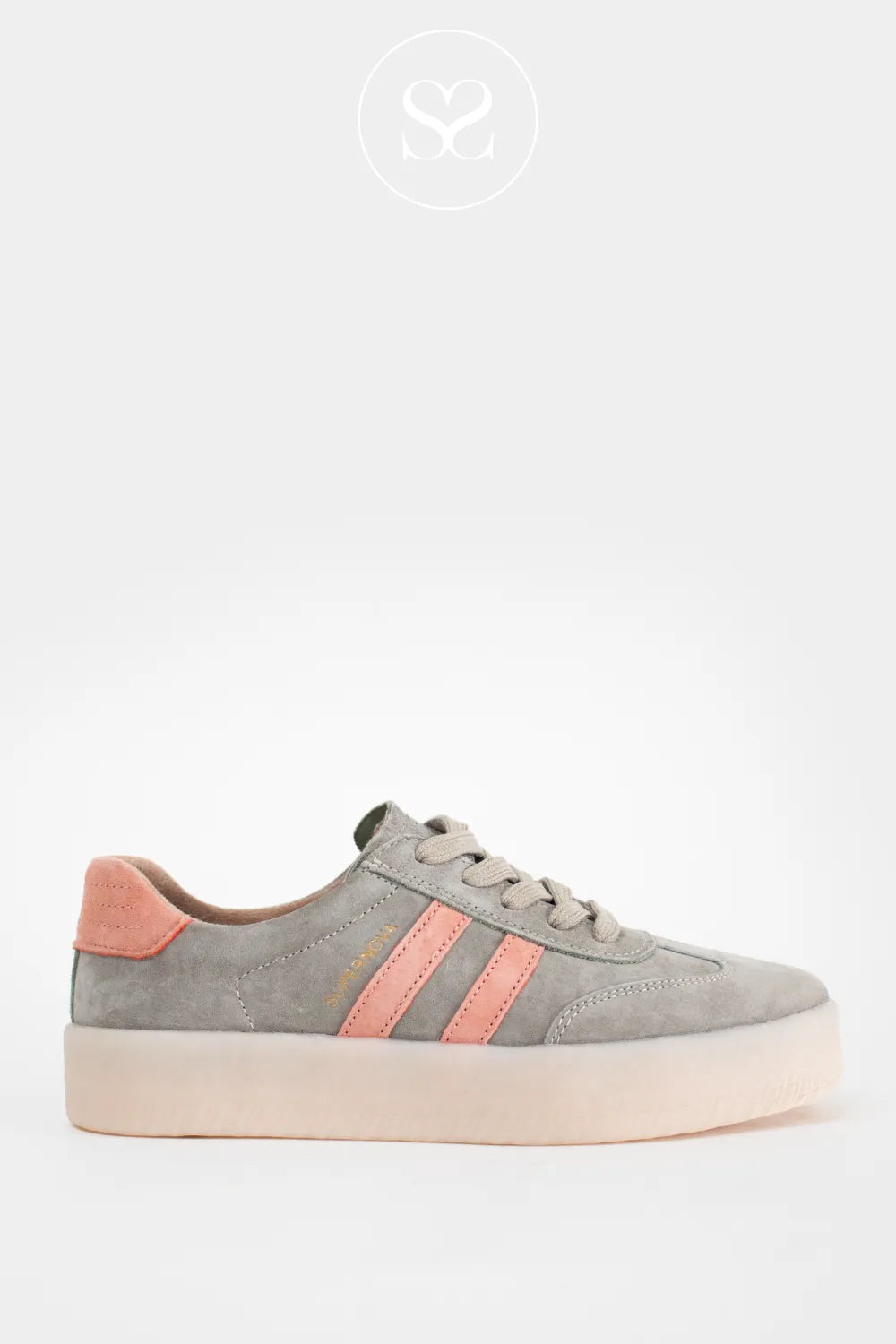 Drilleys Grey suede round toe flatform trainers with laces and pink stripes on the side.