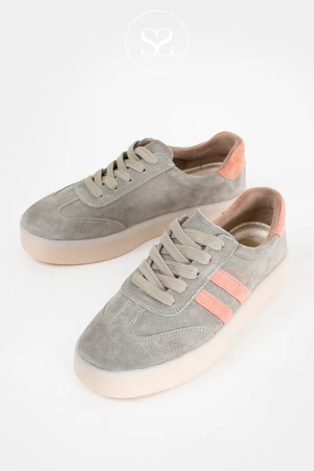 Grey suede round toe trainers with laces and pink stripes. Flatform sole