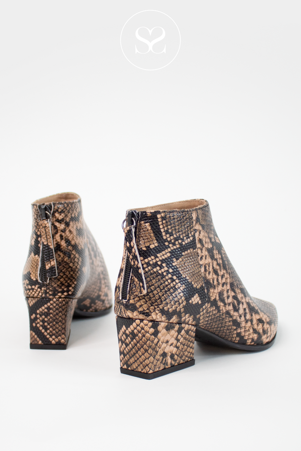 UNISA SNAKE PRINT POINTED TOE BLOCK HEEL ANKLE BOOTS JANSEN