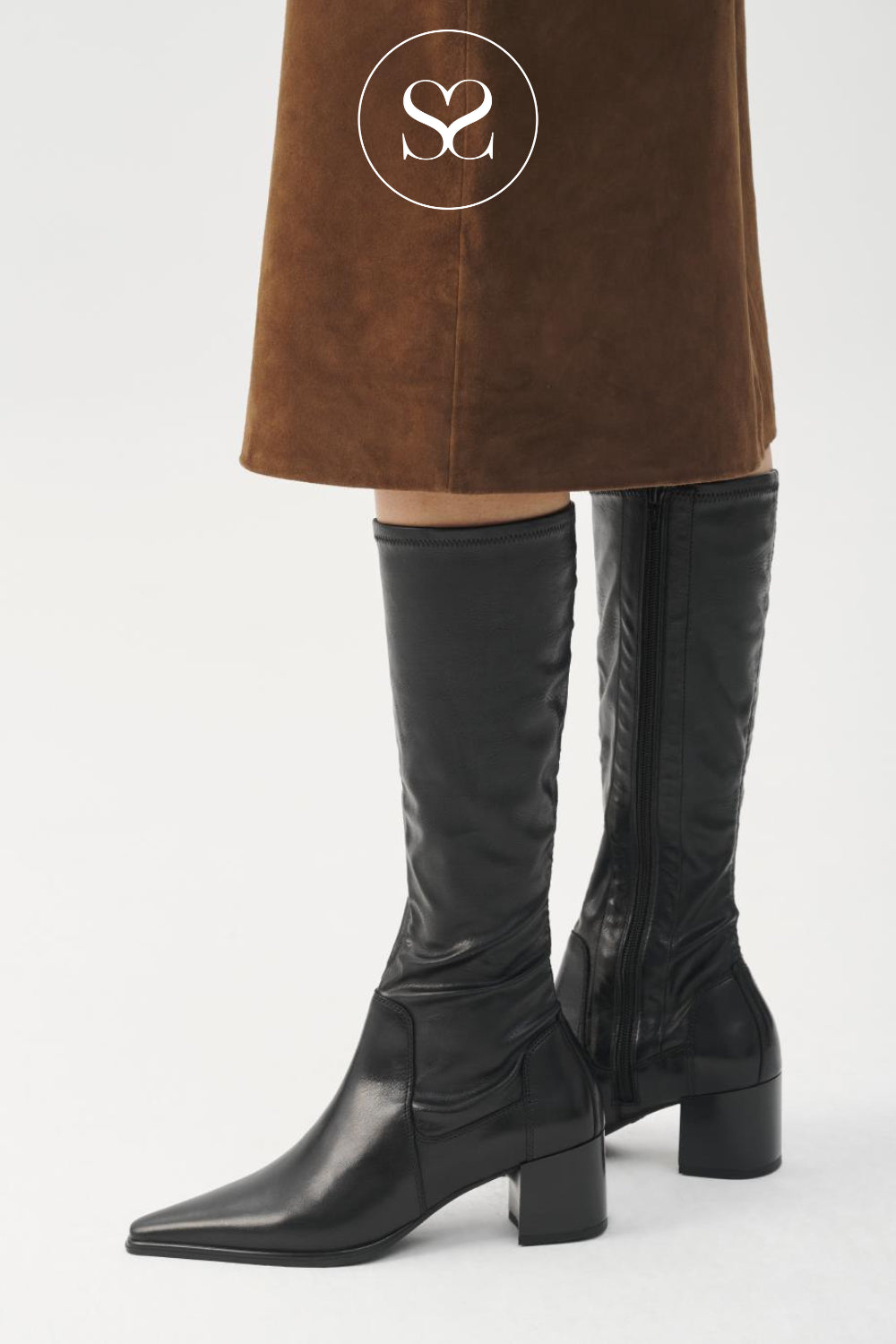 vagabond stretch calf boots with pointed toe and low block heel
