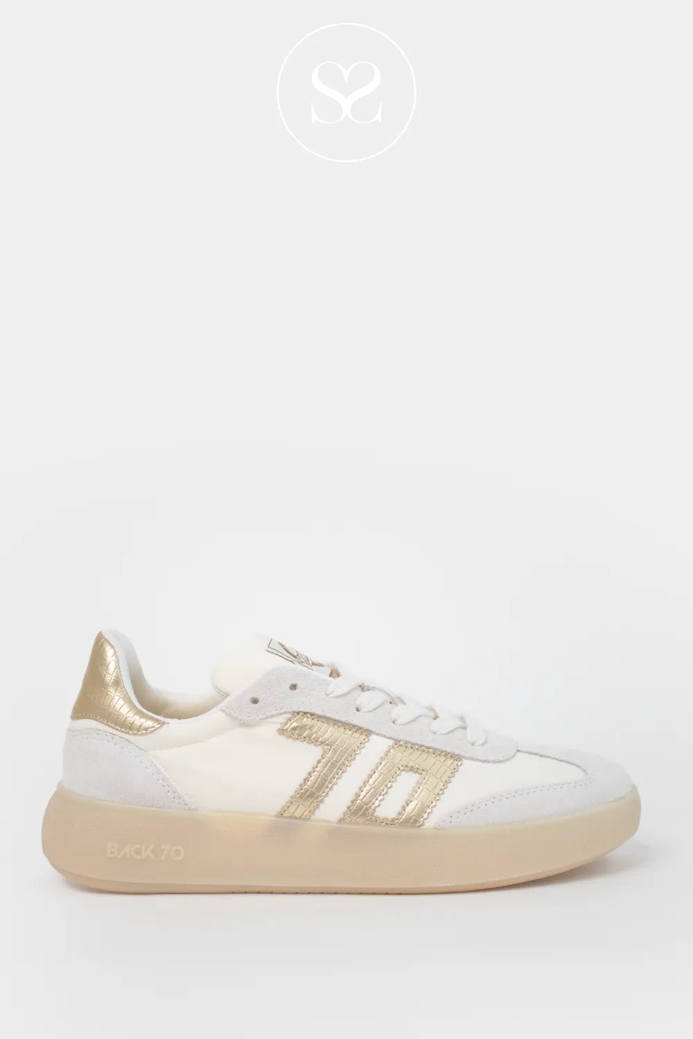 Back70 white chunky trainers with flatform sole, suede toe cap and gold logo. Laced trainers. Comfortable soft leather sneakers. Fashion trainers.