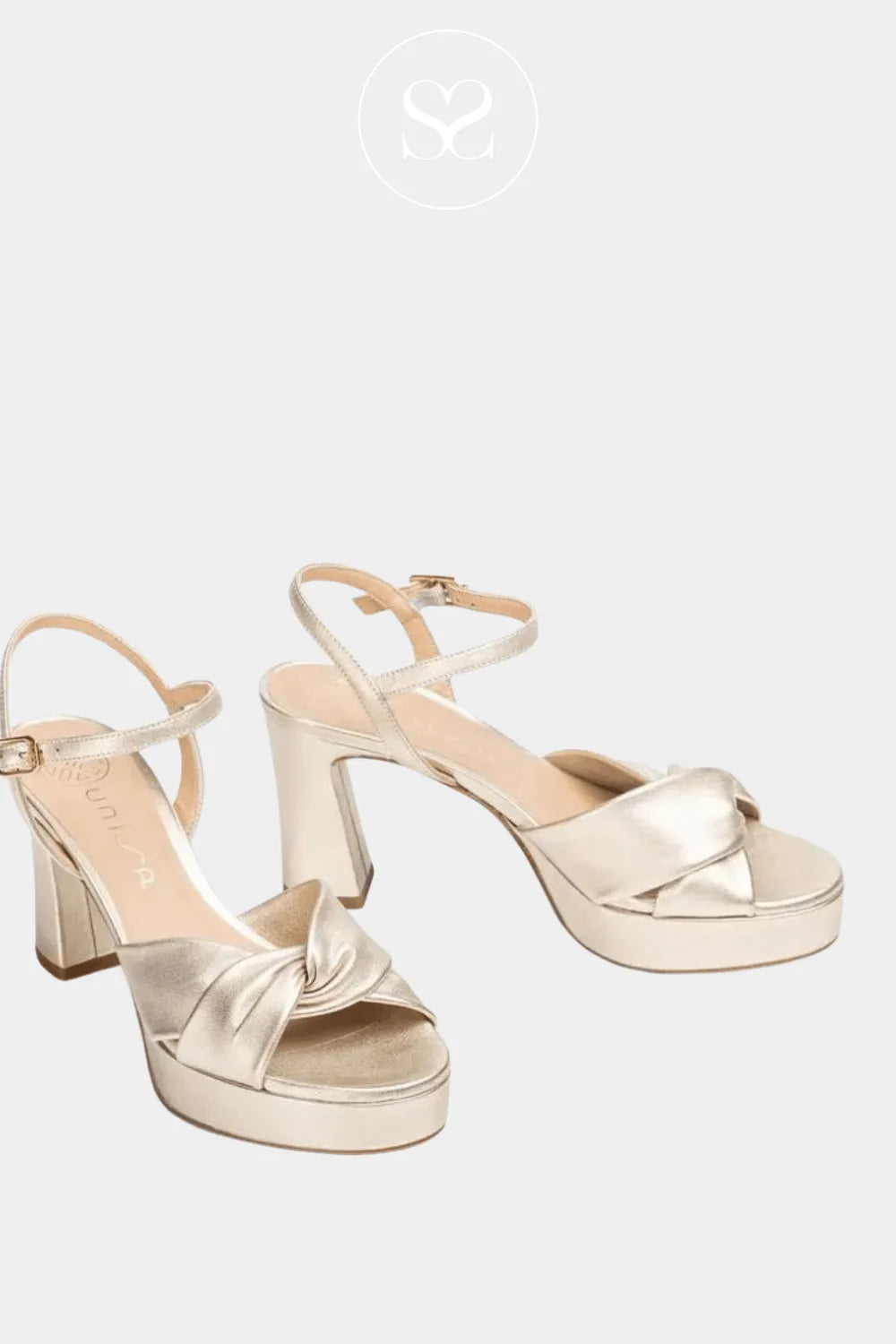 Unisa Gold Platform Heeled Sandals Onoa platform gold high heels with cushioned sole for all day comfort