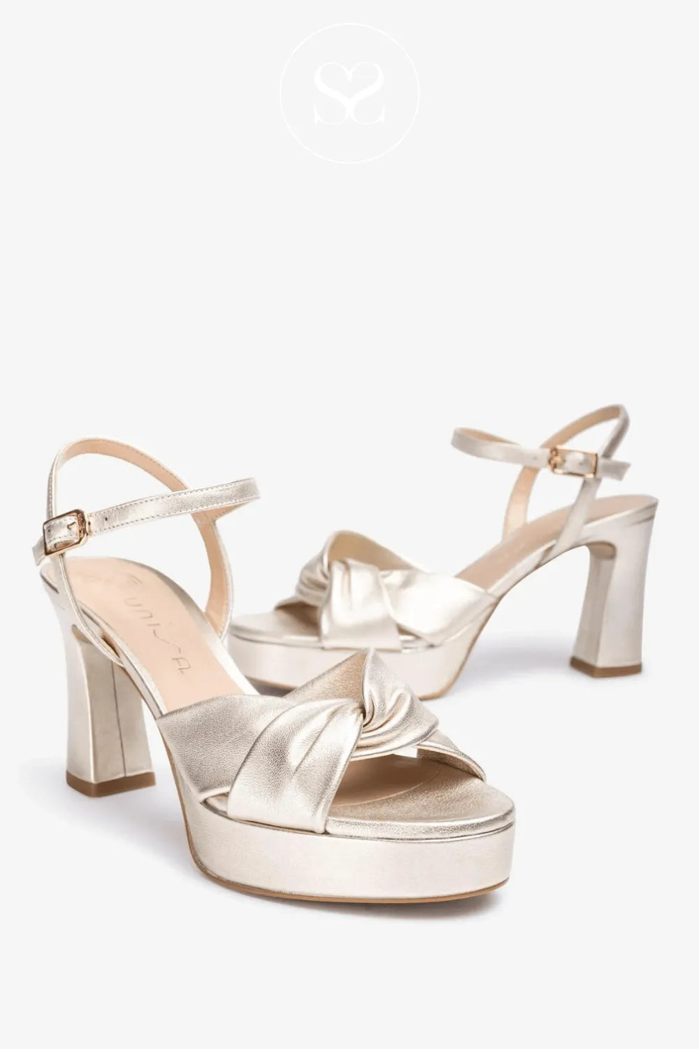 Unisa Gold Platform Heeled Sandals Onoa gold high heels with front twist strap detail
