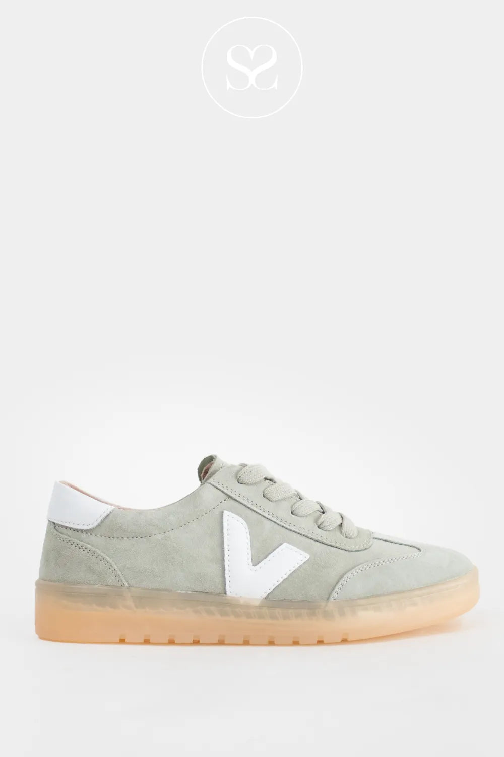 Drilleys mint green suede round toe trainers with laces and white 'V' logo on the side. Gum sole.
