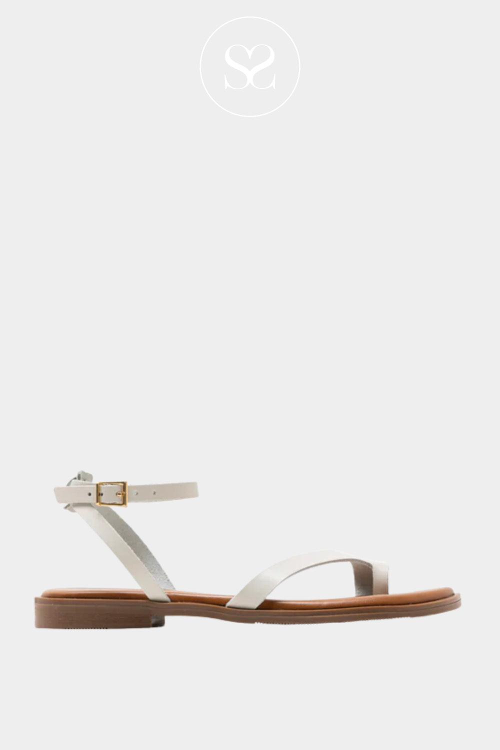 White Sandals with a Toe Loop closure and ankle strap with a gold buckle