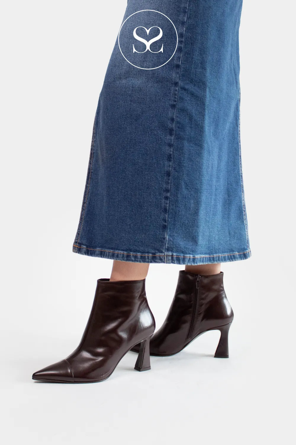LODI CHOCOLATE BROWN FLARED HEEL POINTED TOE ANKLE BOOTS RACON