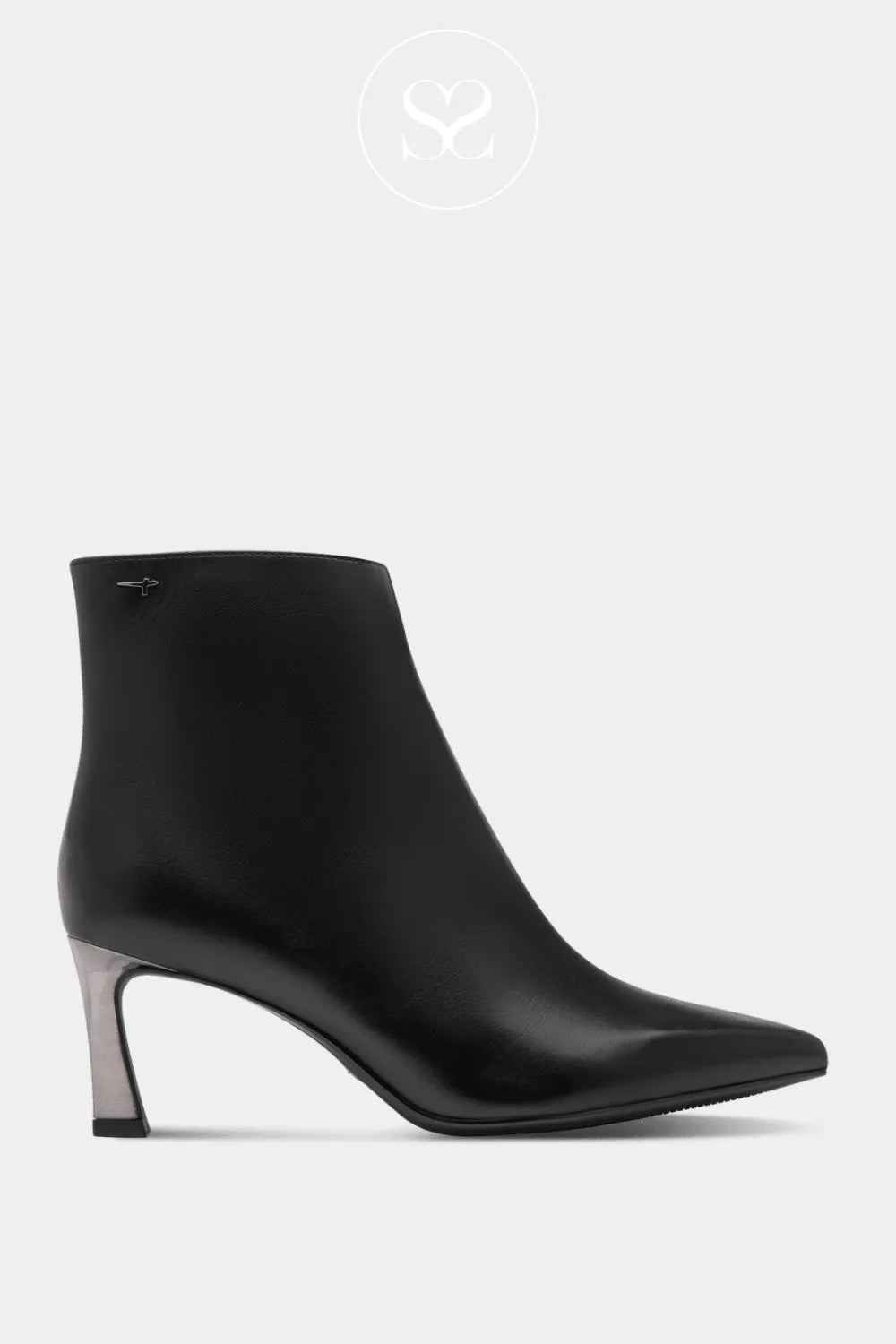 Black leather pointed toe ankle boots with inside zip. Mid heel occasion boots.