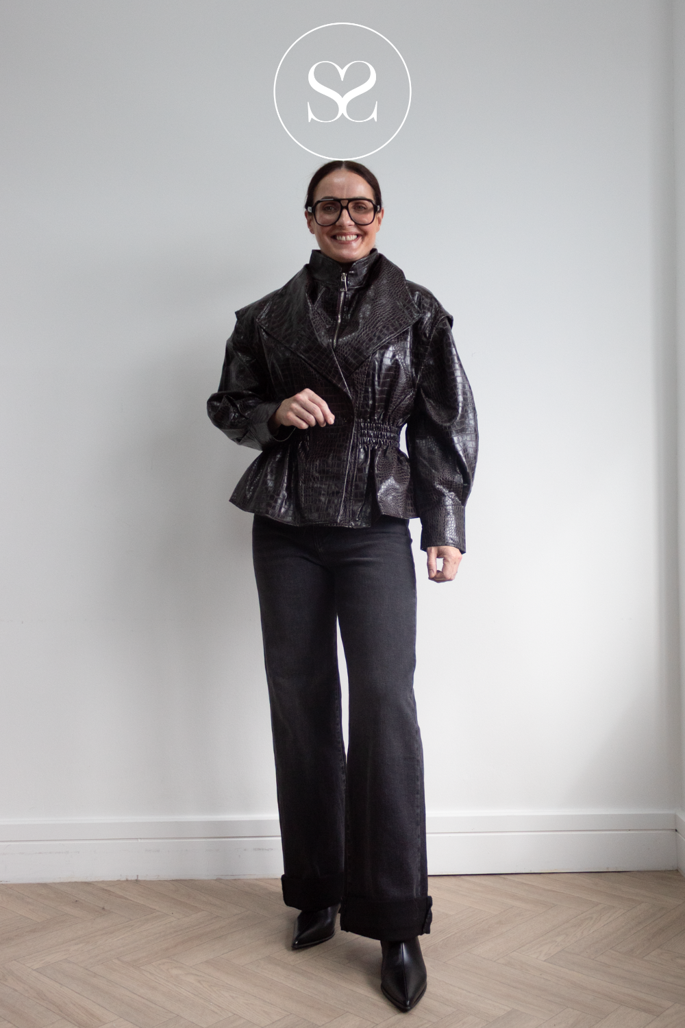 Brown Croc Textured Waisted Leather Jacket - 15007