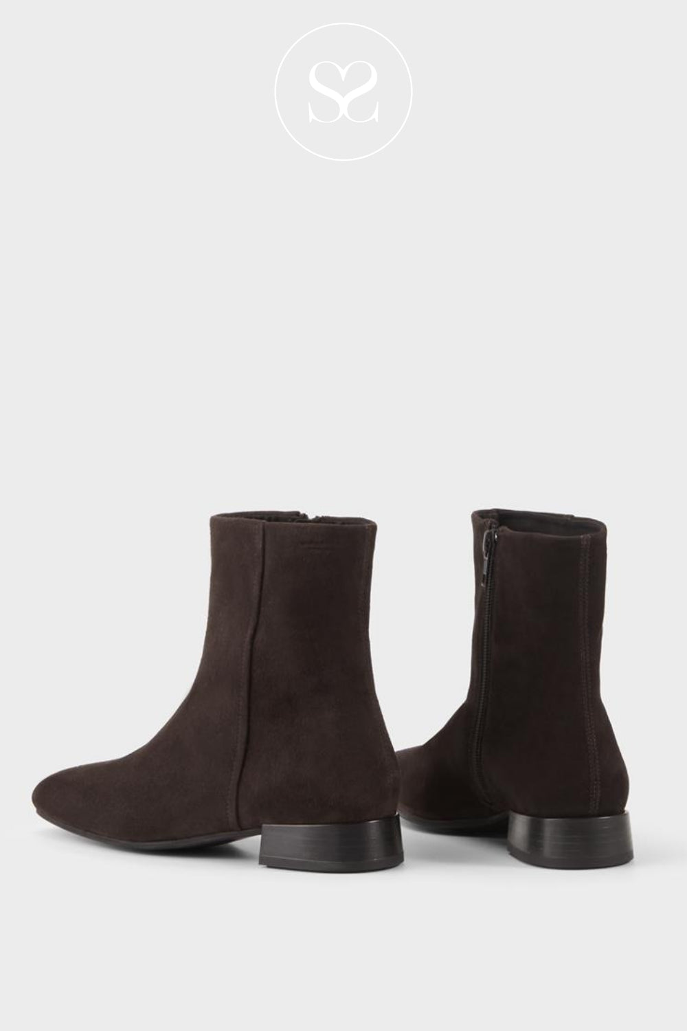 Dark Brown suede ankle boots with a low heel and zip closure