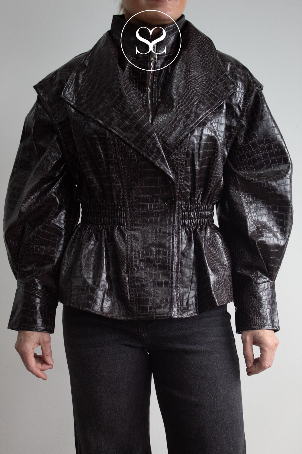 Brown Croc Textured Waisted Leather Jacket - 15007