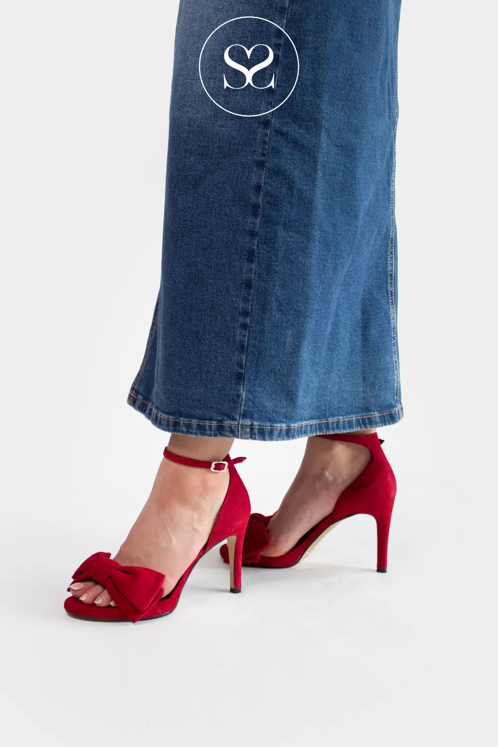 LODI RED SUEDE HIGH BLOCK HEEL BOW DETAIL ANKLE STRAP SANDALS INGAL