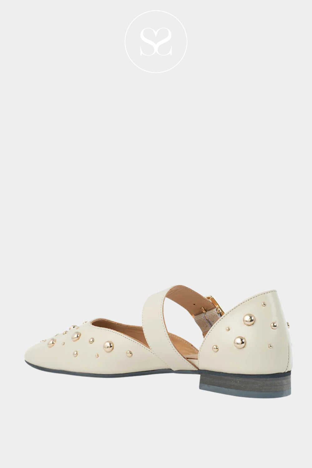 Babouche Off White Mary-Jane Flats with pointed toe and gold studs - G-Ally-1