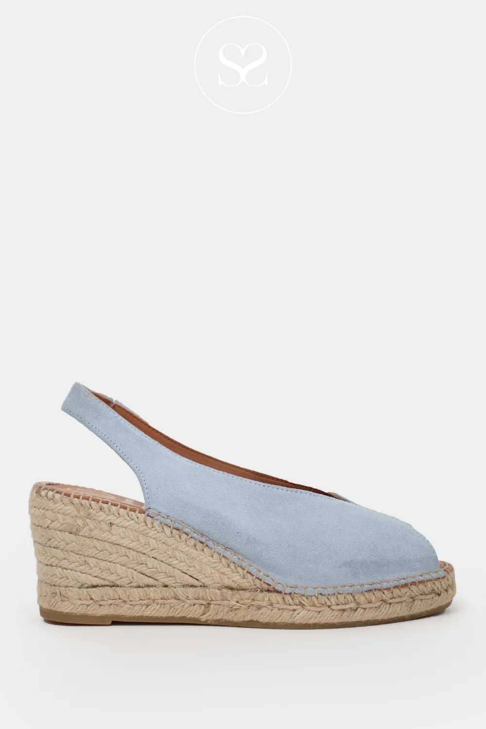 Viguera blue suede wedge sandals with peep toe and espadrille sole. Elasticated Slingback strap
