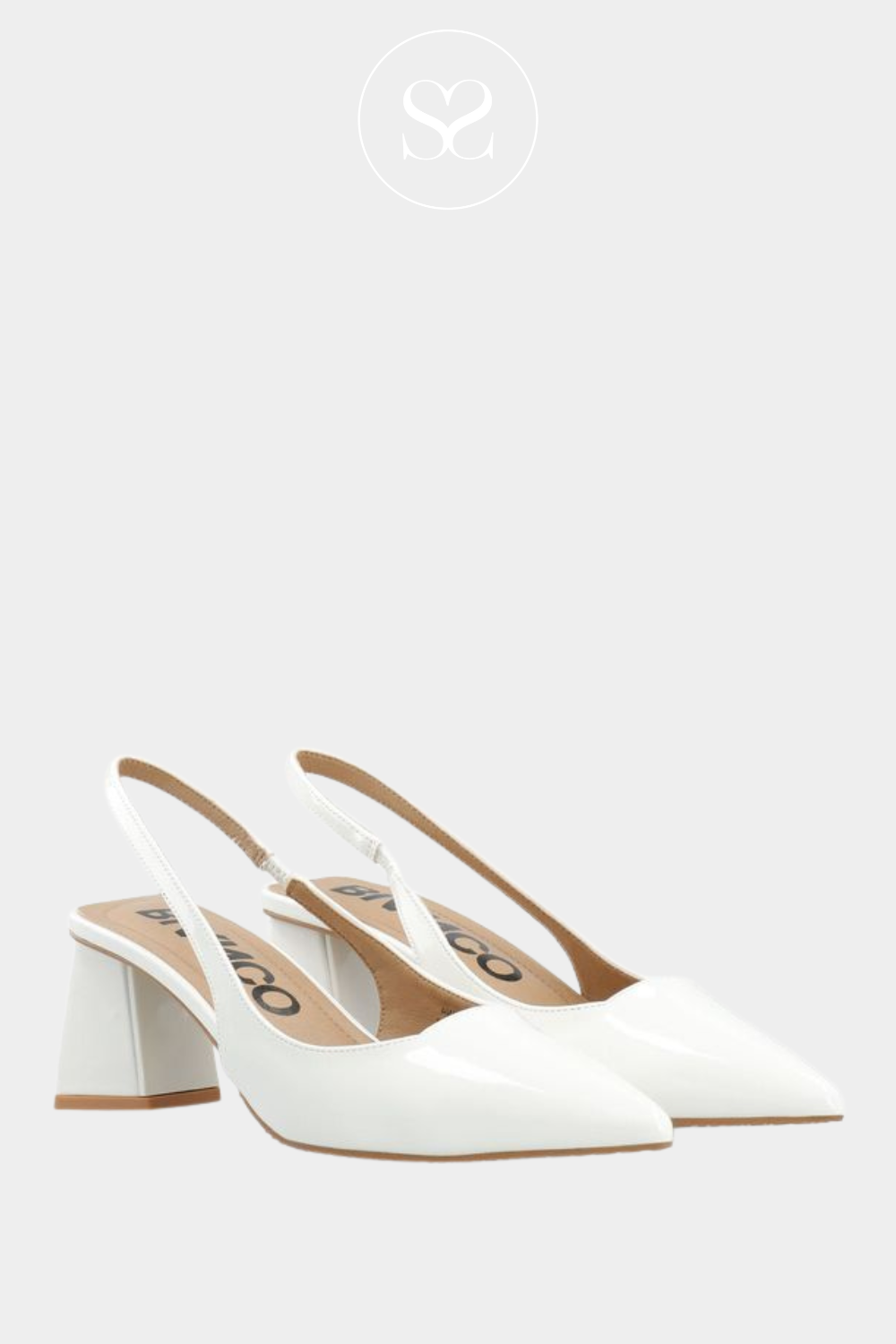Off-white summer occasion heels with triangular block heel and elasticated slingback. gel cushioned insole for comfort.