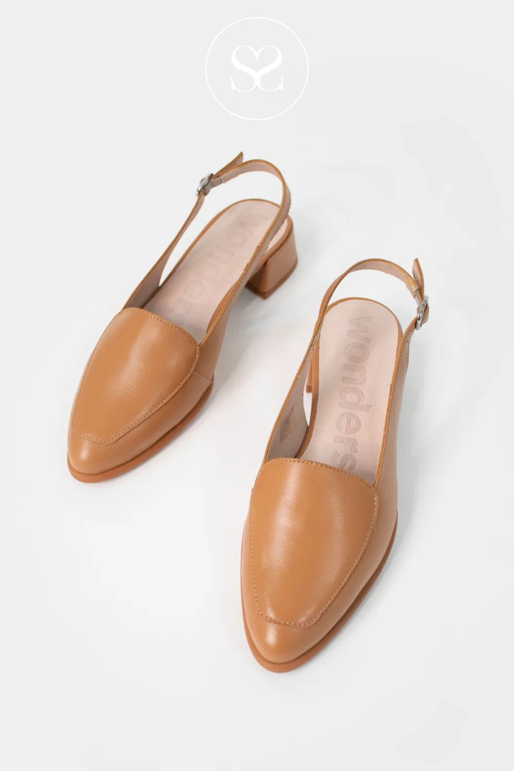 Wonders Tan Sling-back Block Heel Shoes C-6031 Timeless pointed toe