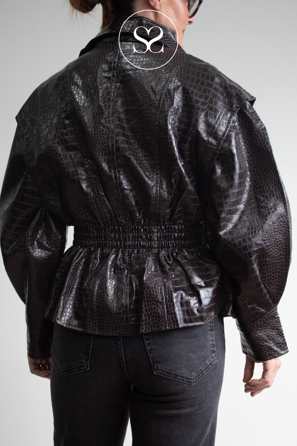 Brown Croc Textured Waisted Leather Jacket - 15007
