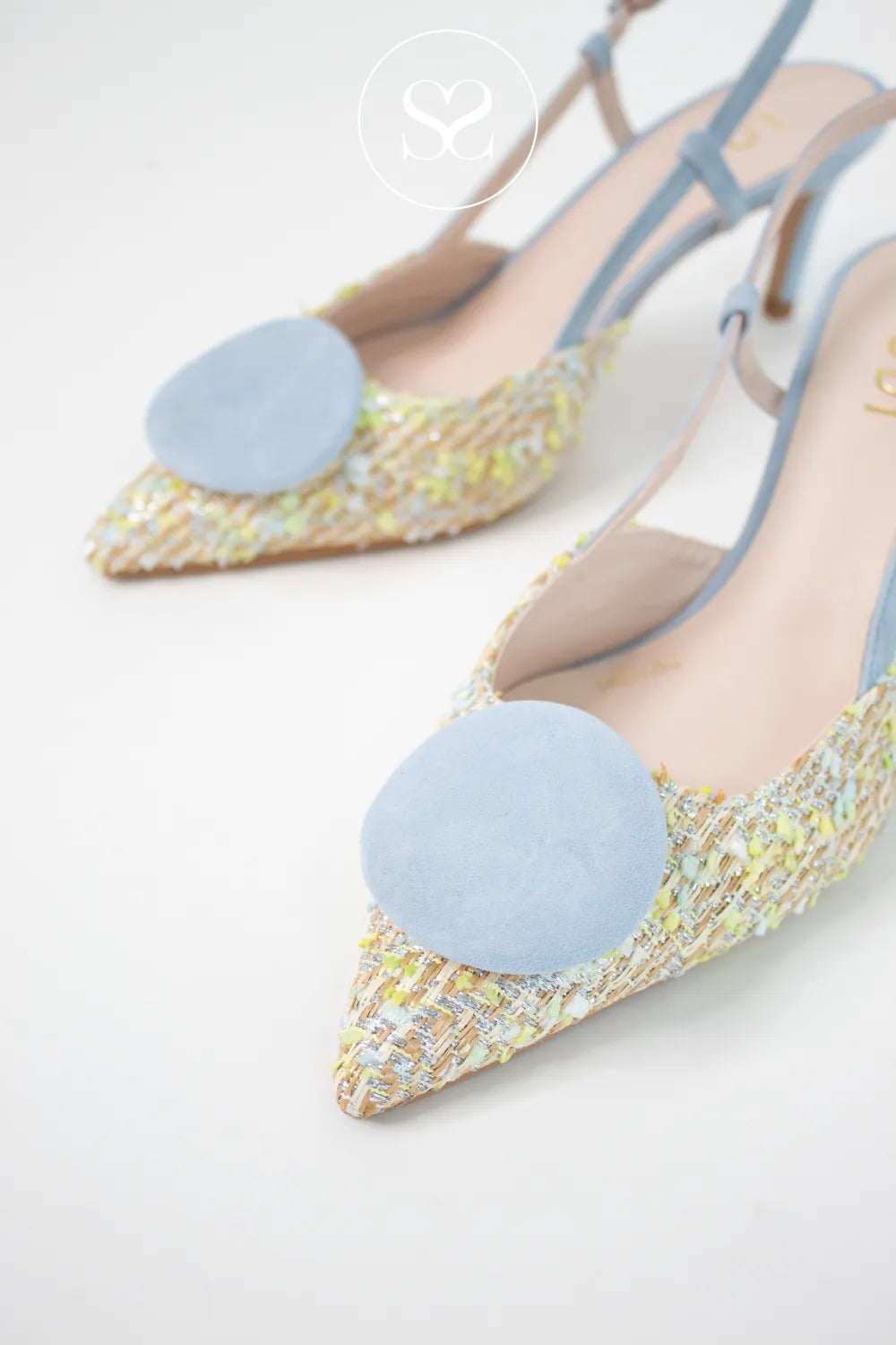 LODI Blue Woven Tweed Sling Back Heels - NIVIS Distinctive pebble detail at the front for subtle allure