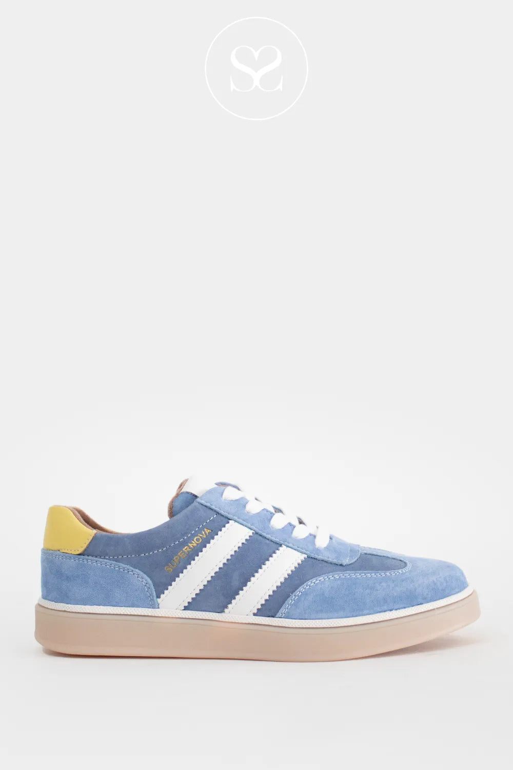 Drilleys blue suede round toe sneakers with white stripes and yellow heel cap. Comfortable, affordable trainers with laces.