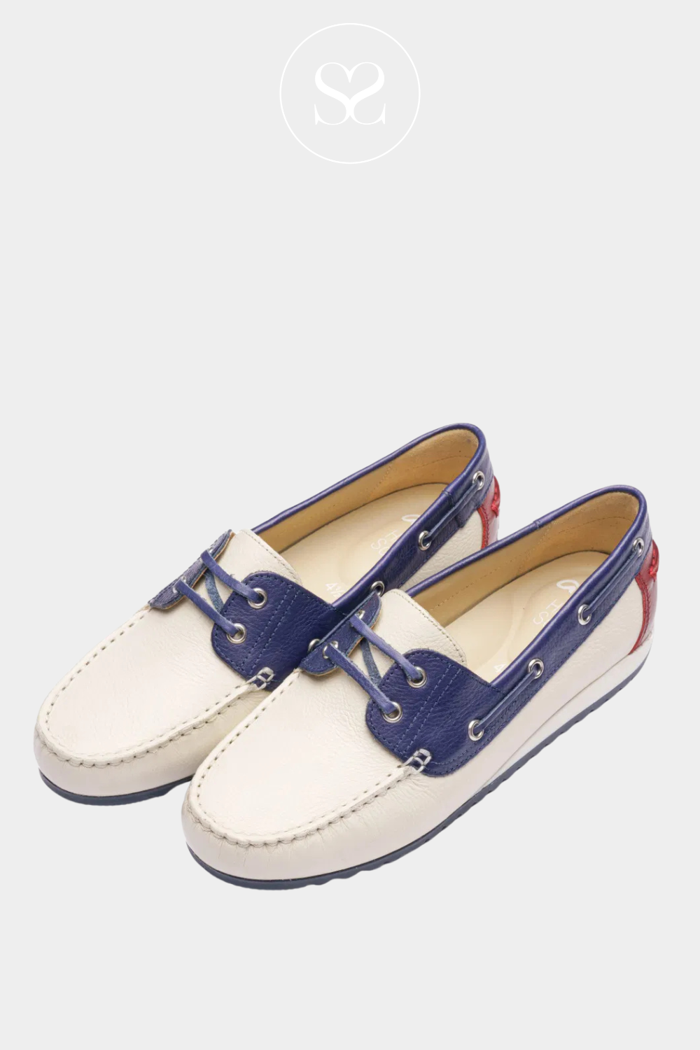 Ara cream, navy and wine slip on style loafers with lace and gel cushioning.